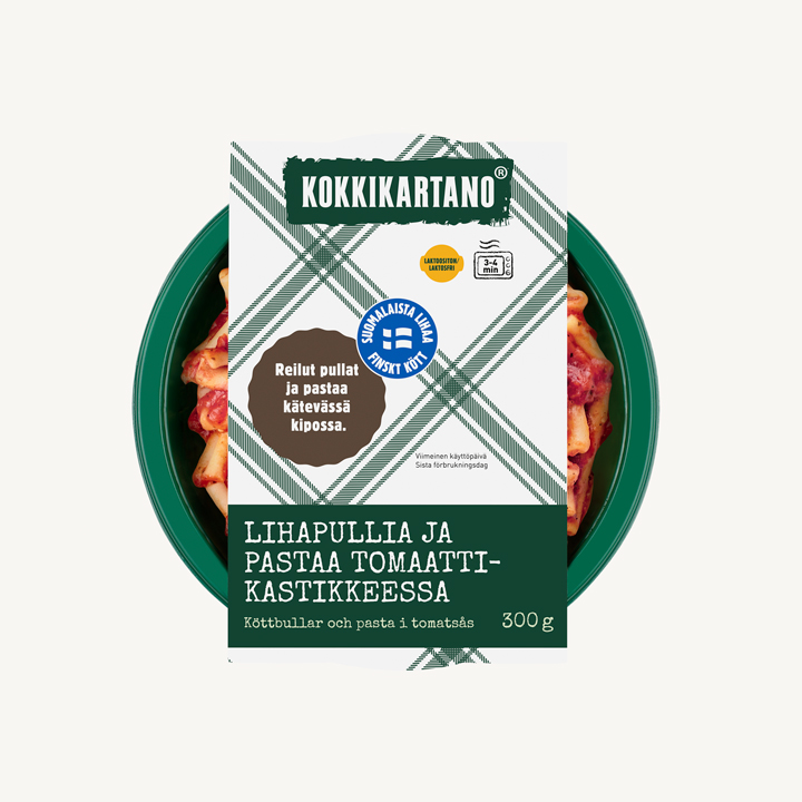 Lihapullia ja pastaa tomaattikastikkeessa